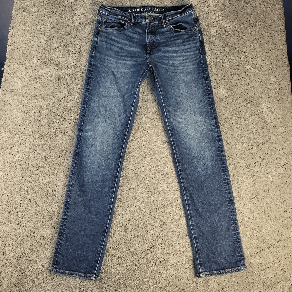 American Eagle Jeans Mens 32x34 Blue Slim Straight Airflex Whisker Stretch Denim
